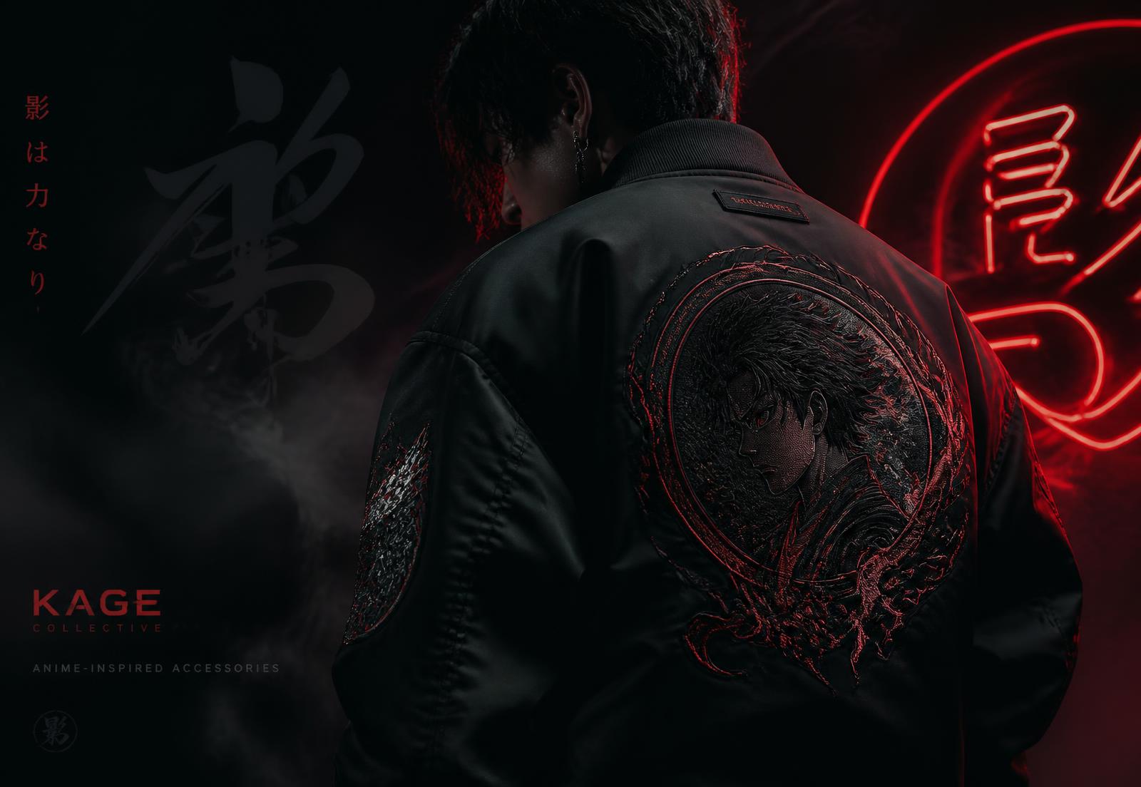 Veste noire à broderie manga rouge sous néon